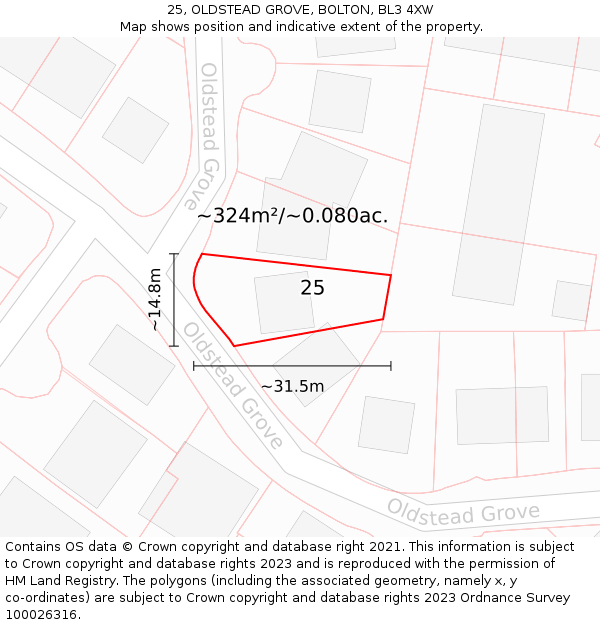 25, OLDSTEAD GROVE, BOLTON, BL3 4XW: Plot and title map