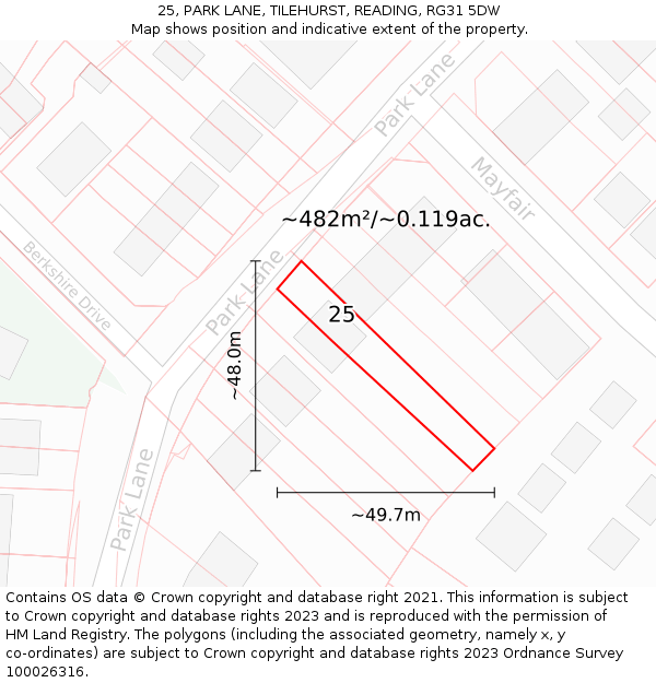 25, PARK LANE, TILEHURST, READING, RG31 5DW: Plot and title map