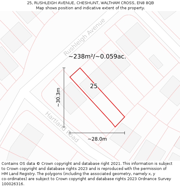 25, RUSHLEIGH AVENUE, CHESHUNT, WALTHAM CROSS, EN8 8QB: Plot and title map