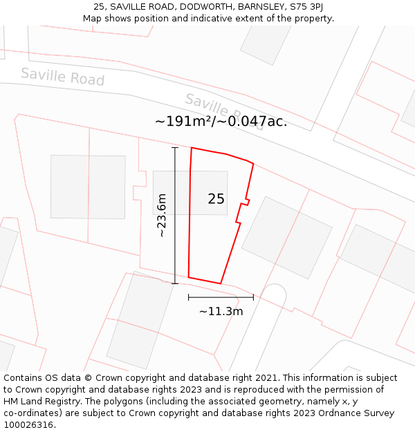 25, SAVILLE ROAD, DODWORTH, BARNSLEY, S75 3PJ: Plot and title map