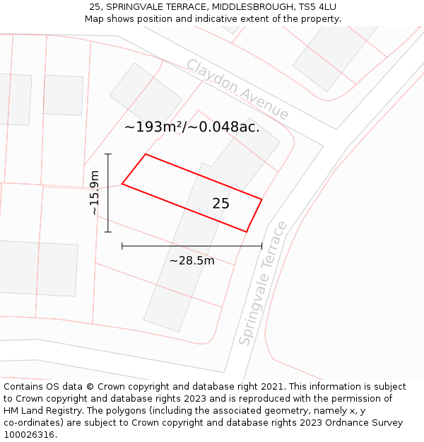 25, SPRINGVALE TERRACE, MIDDLESBROUGH, TS5 4LU: Plot and title map