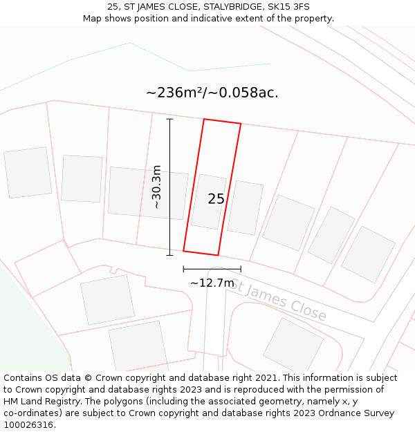25, ST JAMES CLOSE, STALYBRIDGE, SK15 3FS: Plot and title map