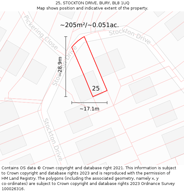 25, STOCKTON DRIVE, BURY, BL8 1UQ: Plot and title map