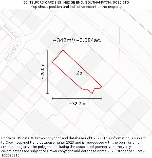 25, TELFORD GARDENS, HEDGE END, SOUTHAMPTON, SO30 2TQ: Plot and title map