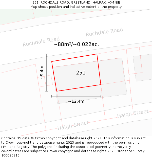 251, ROCHDALE ROAD, GREETLAND, HALIFAX, HX4 8JE: Plot and title map