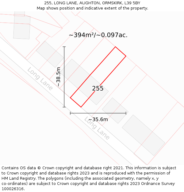 255, LONG LANE, AUGHTON, ORMSKIRK, L39 5BY: Plot and title map