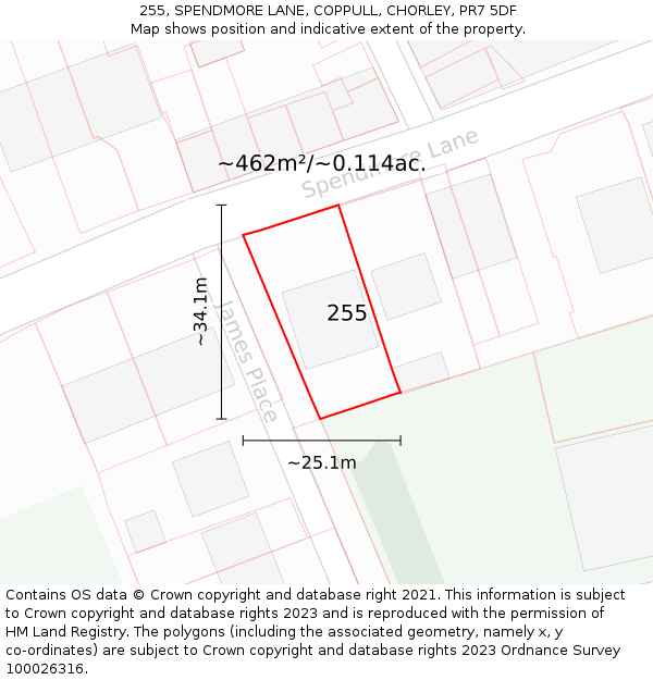 255, SPENDMORE LANE, COPPULL, CHORLEY, PR7 5DF: Plot and title map