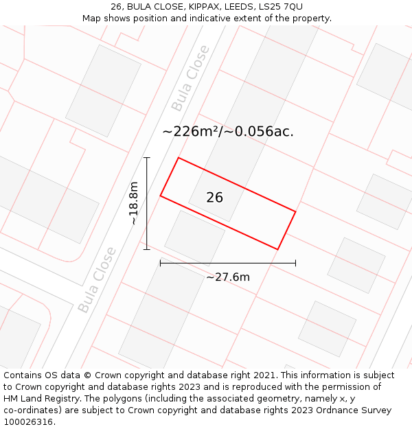 26, BULA CLOSE, KIPPAX, LEEDS, LS25 7QU: Plot and title map