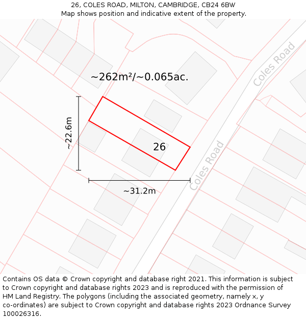26, COLES ROAD, MILTON, CAMBRIDGE, CB24 6BW: Plot and title map