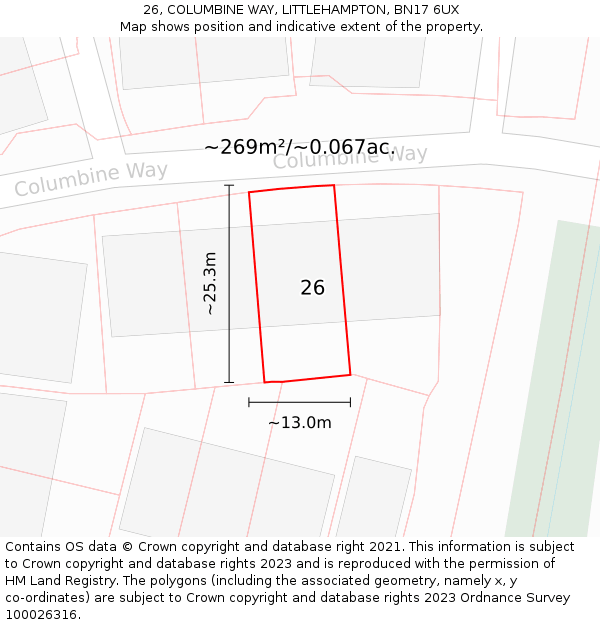 26, COLUMBINE WAY, LITTLEHAMPTON, BN17 6UX: Plot and title map