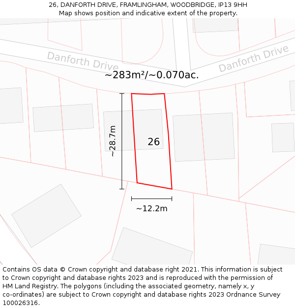 26, DANFORTH DRIVE, FRAMLINGHAM, WOODBRIDGE, IP13 9HH: Plot and title map