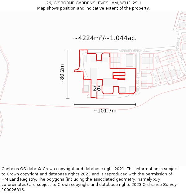 26, GISBORNE GARDENS, EVESHAM, WR11 2SU: Plot and title map
