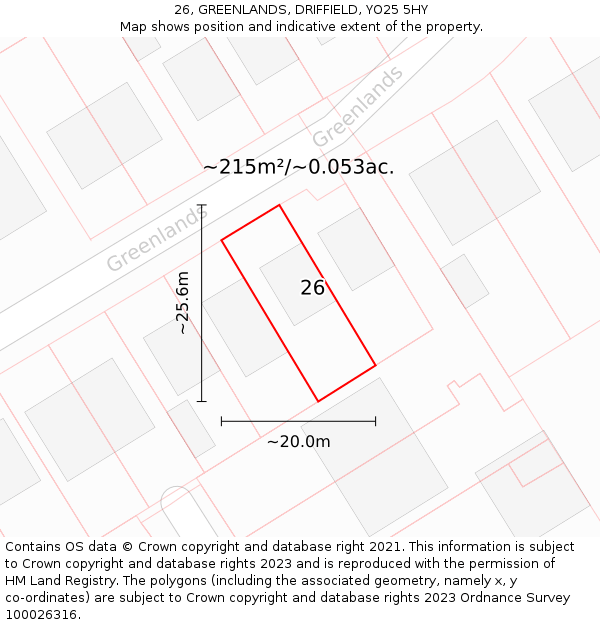 26, GREENLANDS, DRIFFIELD, YO25 5HY: Plot and title map