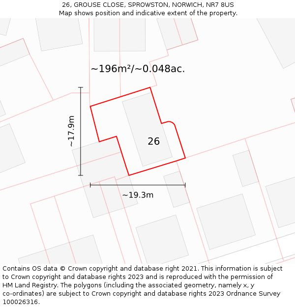 26, GROUSE CLOSE, SPROWSTON, NORWICH, NR7 8US: Plot and title map
