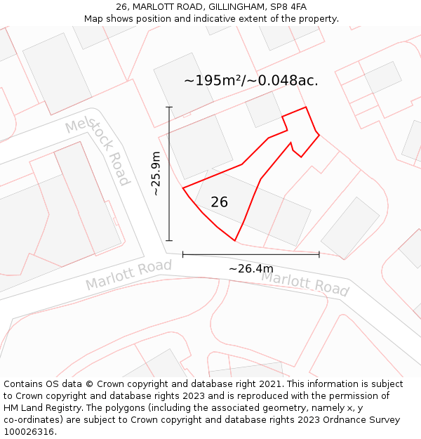 26, MARLOTT ROAD, GILLINGHAM, SP8 4FA: Plot and title map