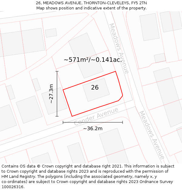 26, MEADOWS AVENUE, THORNTON-CLEVELEYS, FY5 2TN: Plot and title map