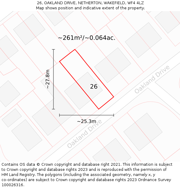 26, OAKLAND DRIVE, NETHERTON, WAKEFIELD, WF4 4LZ: Plot and title map
