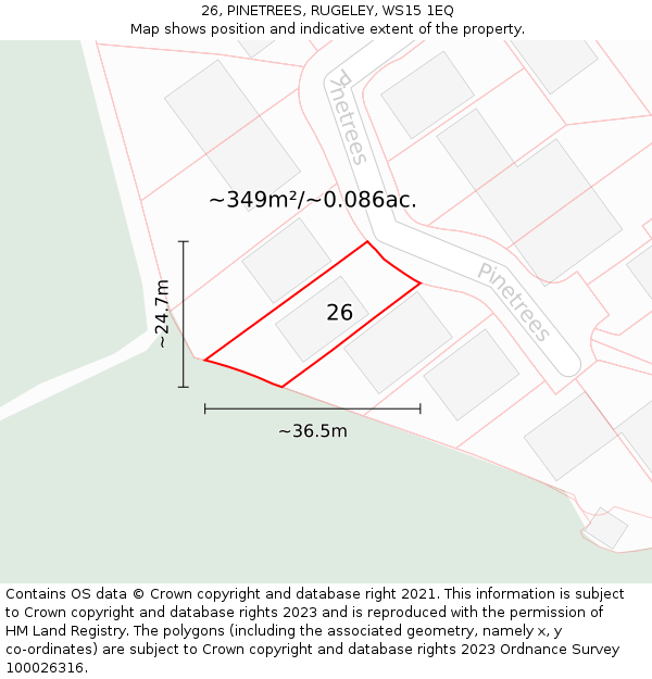 26, PINETREES, RUGELEY, WS15 1EQ: Plot and title map