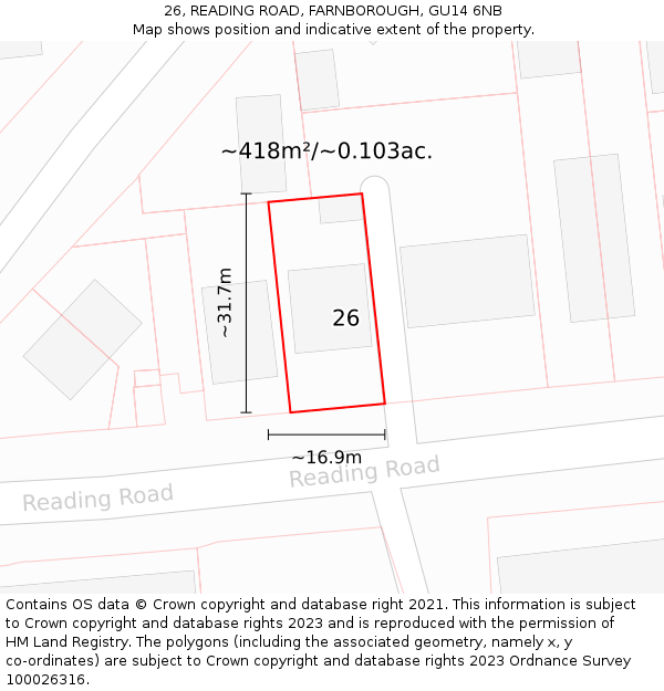 26, READING ROAD, FARNBOROUGH, GU14 6NB: Plot and title map