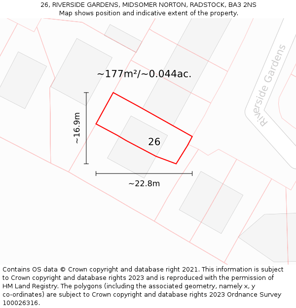 26, RIVERSIDE GARDENS, MIDSOMER NORTON, RADSTOCK, BA3 2NS: Plot and title map