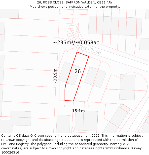 26, ROSS CLOSE, SAFFRON WALDEN, CB11 4AY: Plot and title map