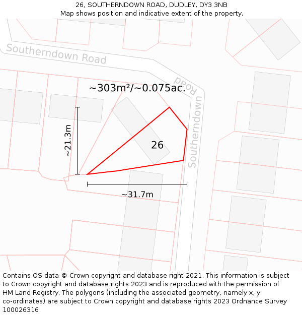 26, SOUTHERNDOWN ROAD, DUDLEY, DY3 3NB: Plot and title map