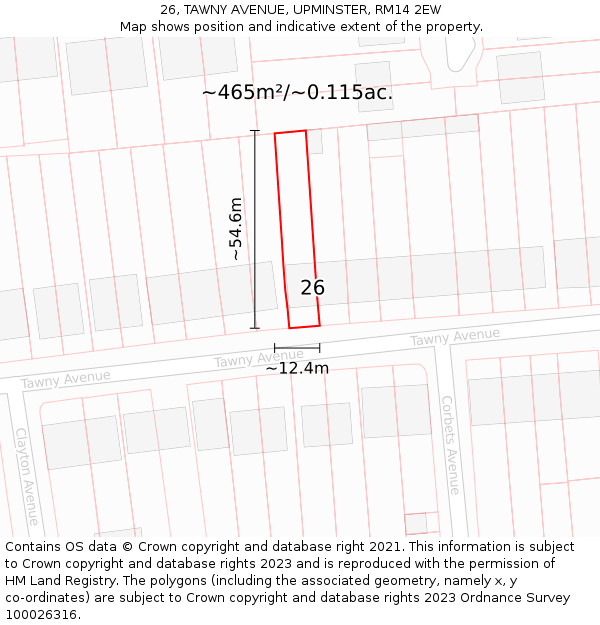 26, TAWNY AVENUE, UPMINSTER, RM14 2EW: Plot and title map