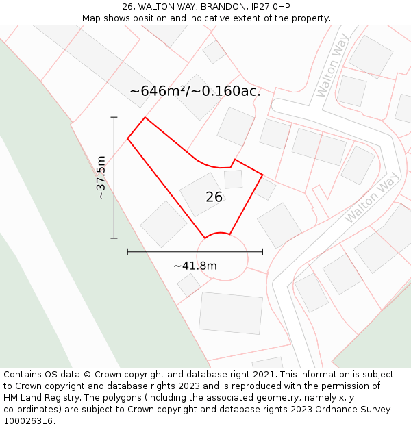 26, WALTON WAY, BRANDON, IP27 0HP: Plot and title map
