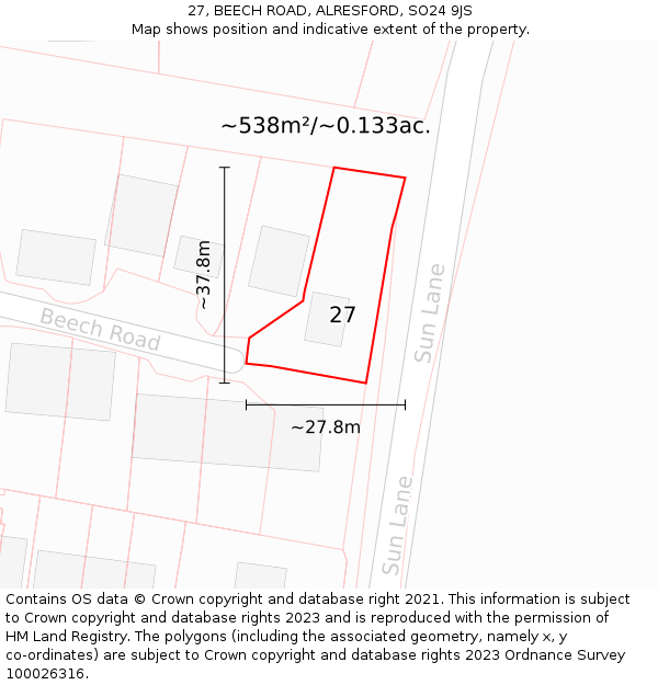 27, BEECH ROAD, ALRESFORD, SO24 9JS: Plot and title map