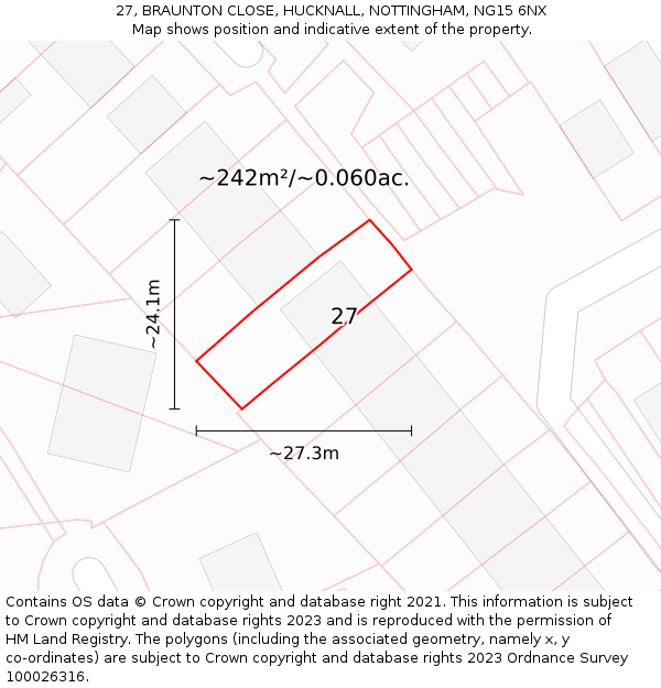 27, BRAUNTON CLOSE, HUCKNALL, NOTTINGHAM, NG15 6NX: Plot and title map