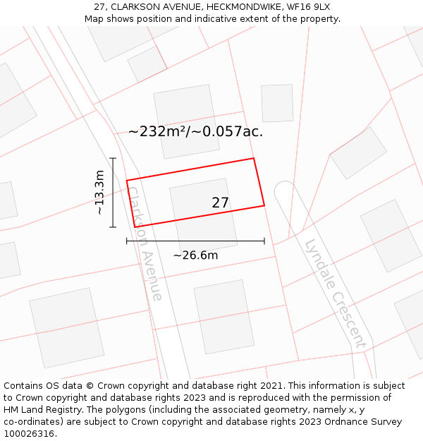 27, CLARKSON AVENUE, HECKMONDWIKE, WF16 9LX: Plot and title map