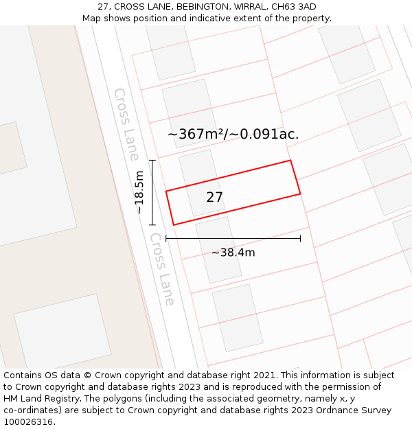 27, CROSS LANE, BEBINGTON, WIRRAL, CH63 3AD: Plot and title map