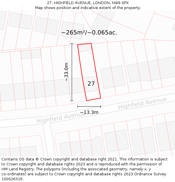 27, HIGHFIELD AVENUE, LONDON, NW9 0PX: Plot and title map