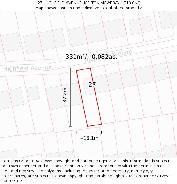 27, HIGHFIELD AVENUE, MELTON MOWBRAY, LE13 0NQ: Plot and title map
