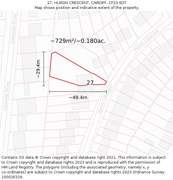 27, HURON CRESCENT, CARDIFF, CF23 6DT: Plot and title map