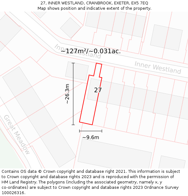 27, INNER WESTLAND, CRANBROOK, EXETER, EX5 7EQ: Plot and title map