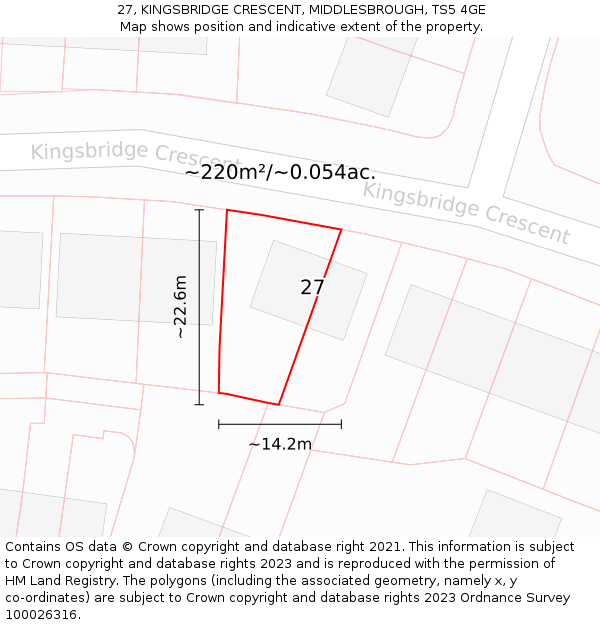 27, KINGSBRIDGE CRESCENT, MIDDLESBROUGH, TS5 4GE: Plot and title map
