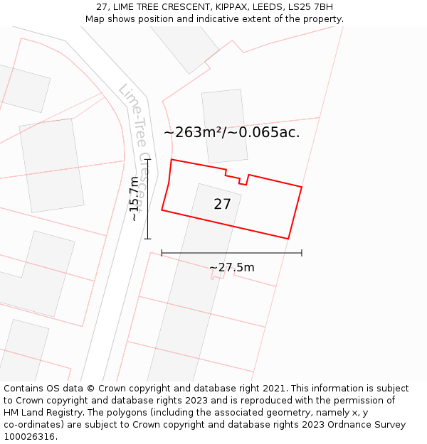 27, LIME TREE CRESCENT, KIPPAX, LEEDS, LS25 7BH: Plot and title map