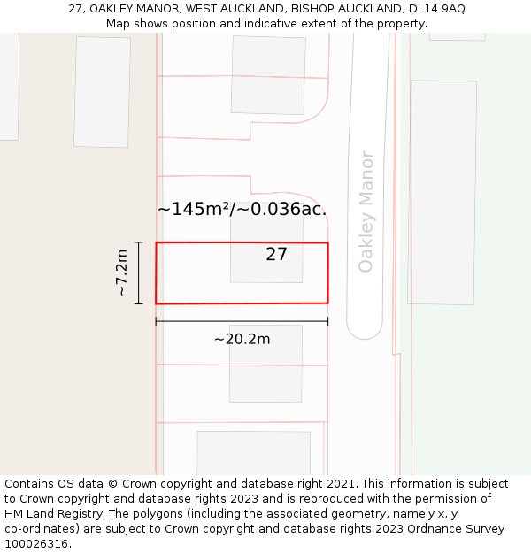 27, OAKLEY MANOR, WEST AUCKLAND, BISHOP AUCKLAND, DL14 9AQ: Plot and title map
