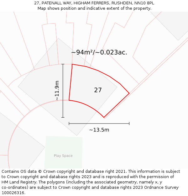 27, PATENALL WAY, HIGHAM FERRERS, RUSHDEN, NN10 8PL: Plot and title map