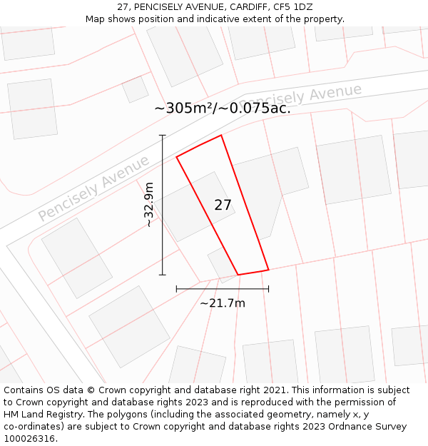27, PENCISELY AVENUE, CARDIFF, CF5 1DZ: Plot and title map