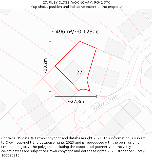 27, RUBY CLOSE, WOKINGHAM, RG41 3TX: Plot and title map