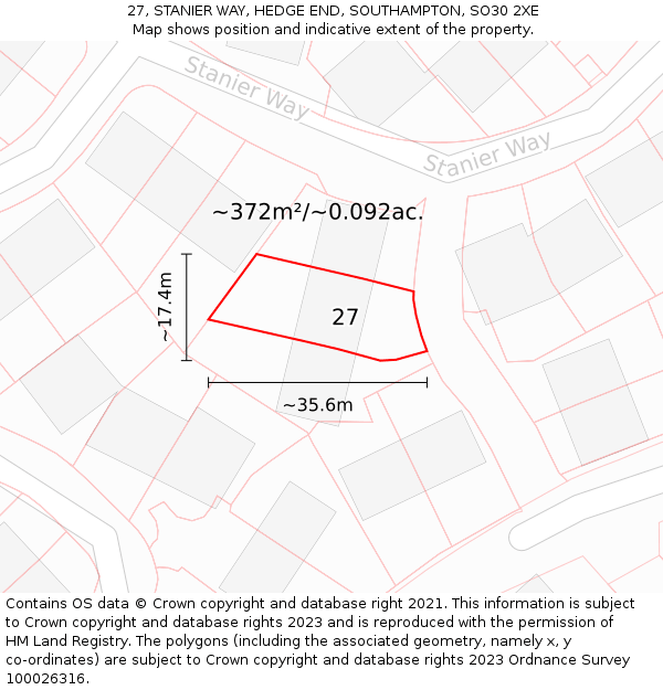 27, STANIER WAY, HEDGE END, SOUTHAMPTON, SO30 2XE: Plot and title map