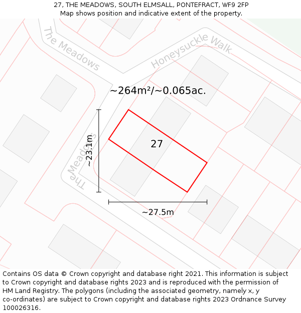 27, THE MEADOWS, SOUTH ELMSALL, PONTEFRACT, WF9 2FP: Plot and title map