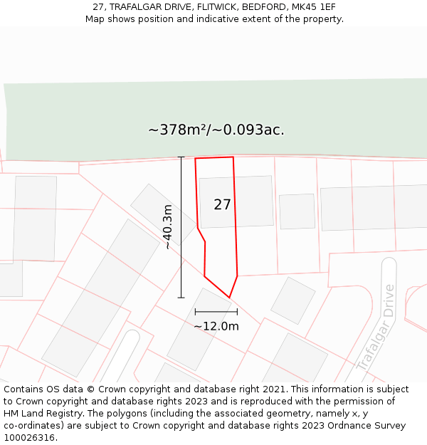27, TRAFALGAR DRIVE, FLITWICK, BEDFORD, MK45 1EF: Plot and title map
