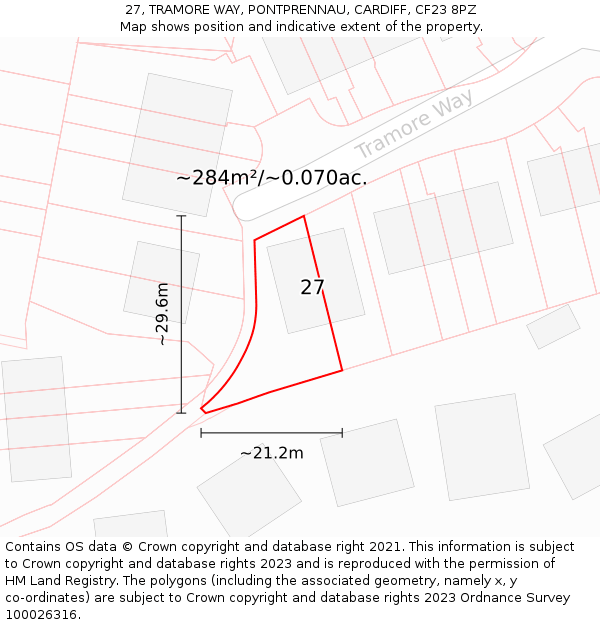 27, TRAMORE WAY, PONTPRENNAU, CARDIFF, CF23 8PZ: Plot and title map