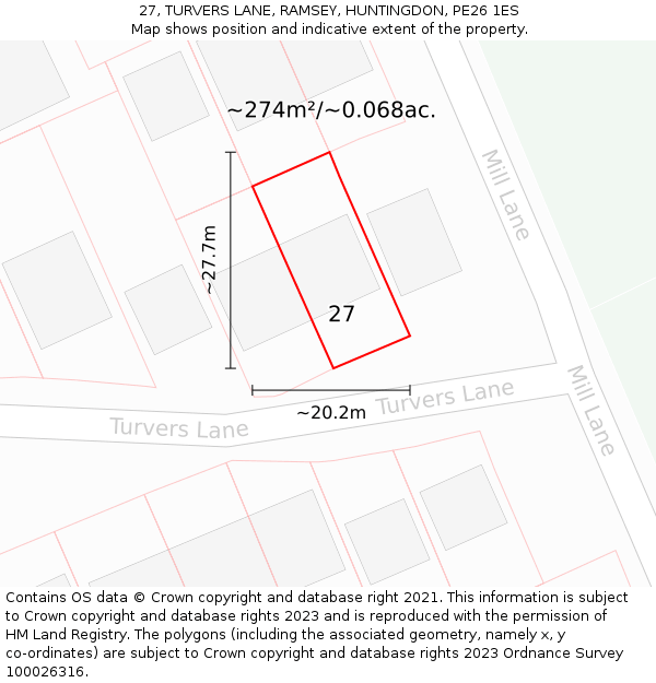 27, TURVERS LANE, RAMSEY, HUNTINGDON, PE26 1ES: Plot and title map