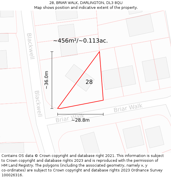 28, BRIAR WALK, DARLINGTON, DL3 8QU: Plot and title map