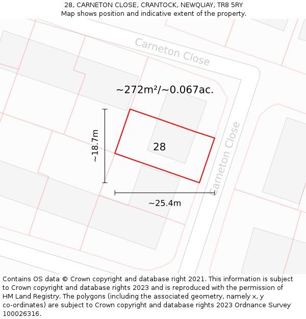 28, CARNETON CLOSE, CRANTOCK, NEWQUAY, TR8 5RY: Plot and title map