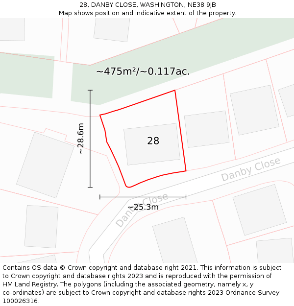 28, DANBY CLOSE, WASHINGTON, NE38 9JB: Plot and title map